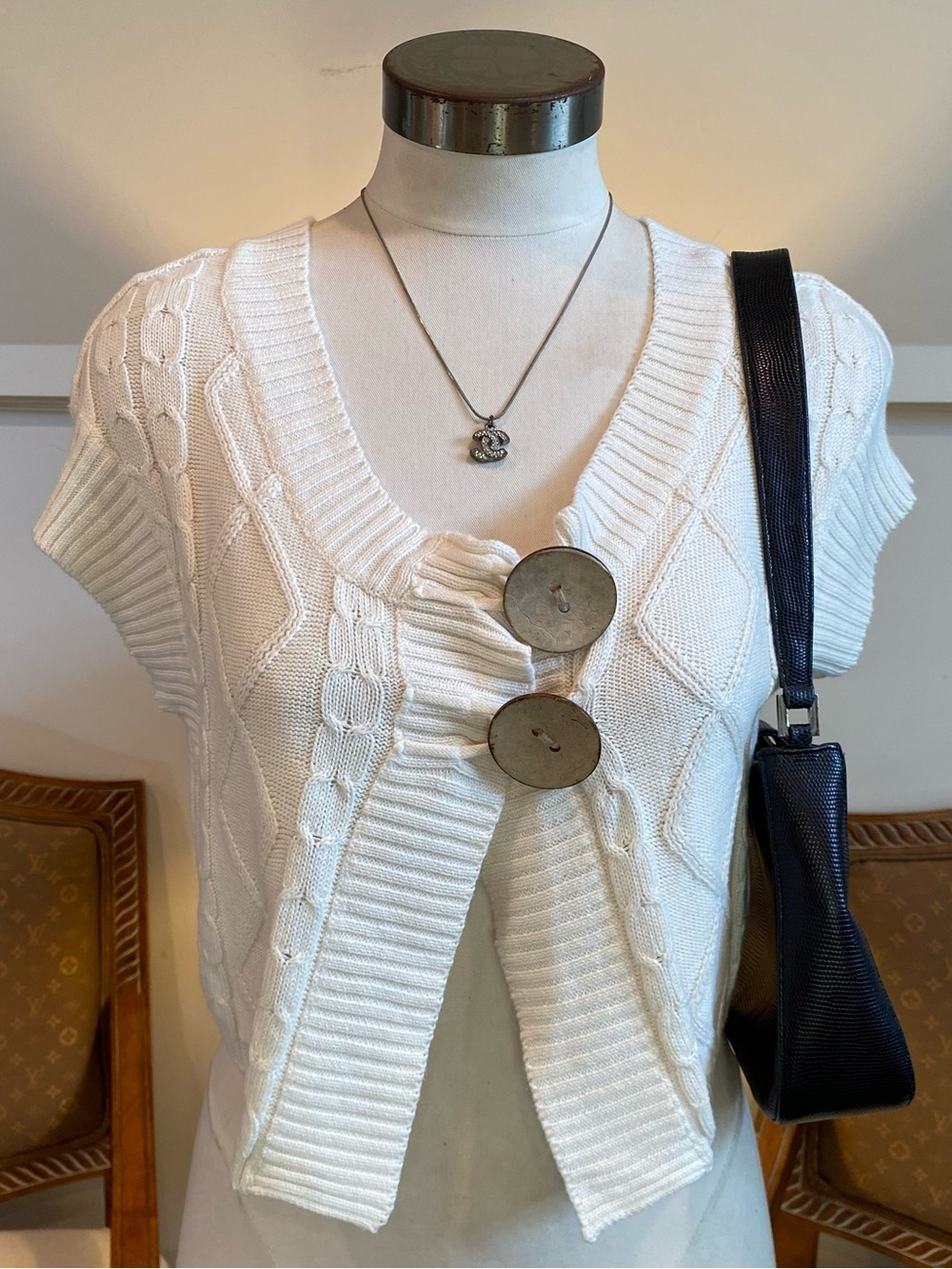 Vintage White Cable-Knit Cotton Short Sleeve Cardigan Sweater Chunky Buttons Y2K